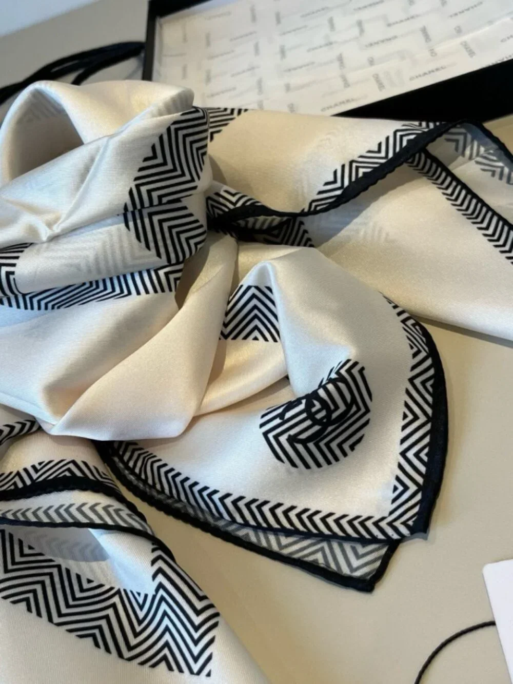 CHANEL Ivory Chevron CC Silk Scarf